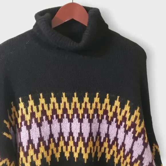 A.L.C. Tracey Fair Isle Sweater Oversized Alpaca Turtleneck Blk Bordeaux Sz Med - Picture 2 of 13